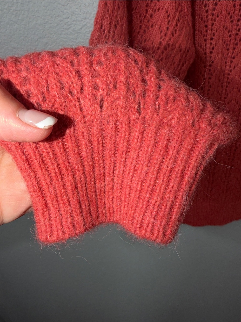 Marine Lauer Coral Red Open Knit V-Neck Sweater with Button Detail - Picture 8 of 11
